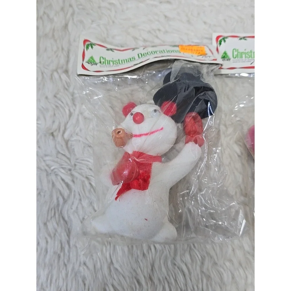 Vintage Flocked Snowman & Mouse Lot of 2 Frosty Googly Eyes Christmas‎ Ornament